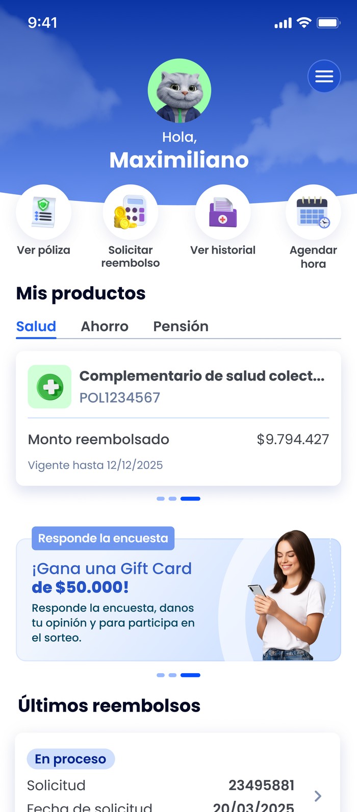 Home de la app rediseñada de Bice Vida, con historial de reembolsos