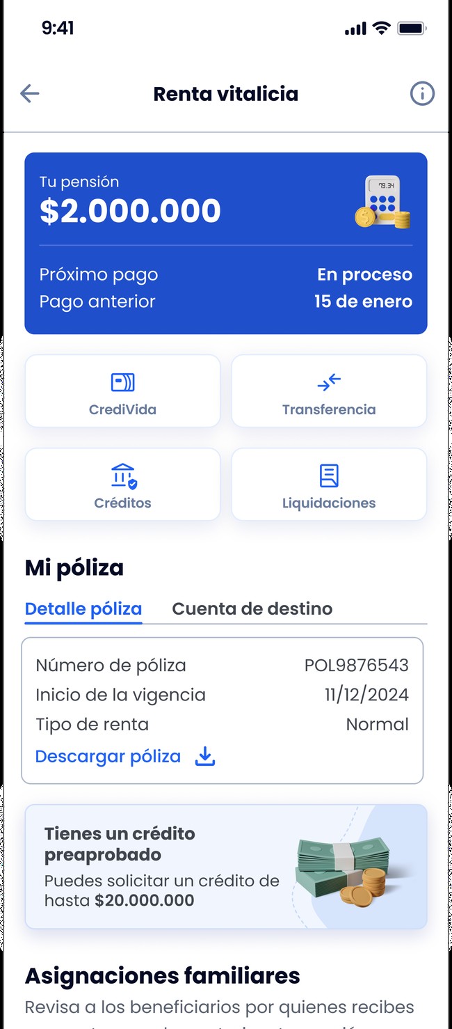 Pantalla de renta vitalicia de la app rediseñada
