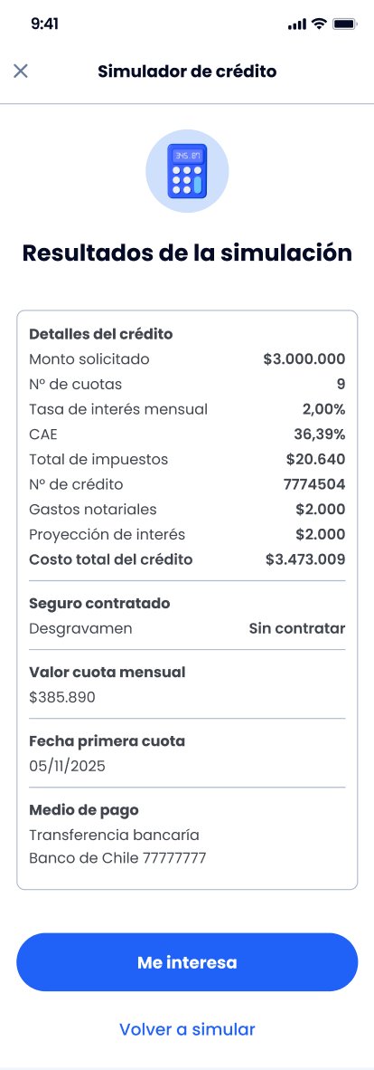 Pantalla de resultado del simulador de crédito
