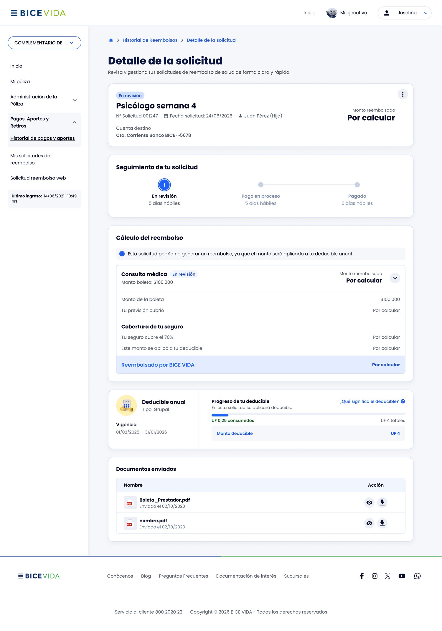 Detalle de la solicitud en revisión, cálculo pendiente